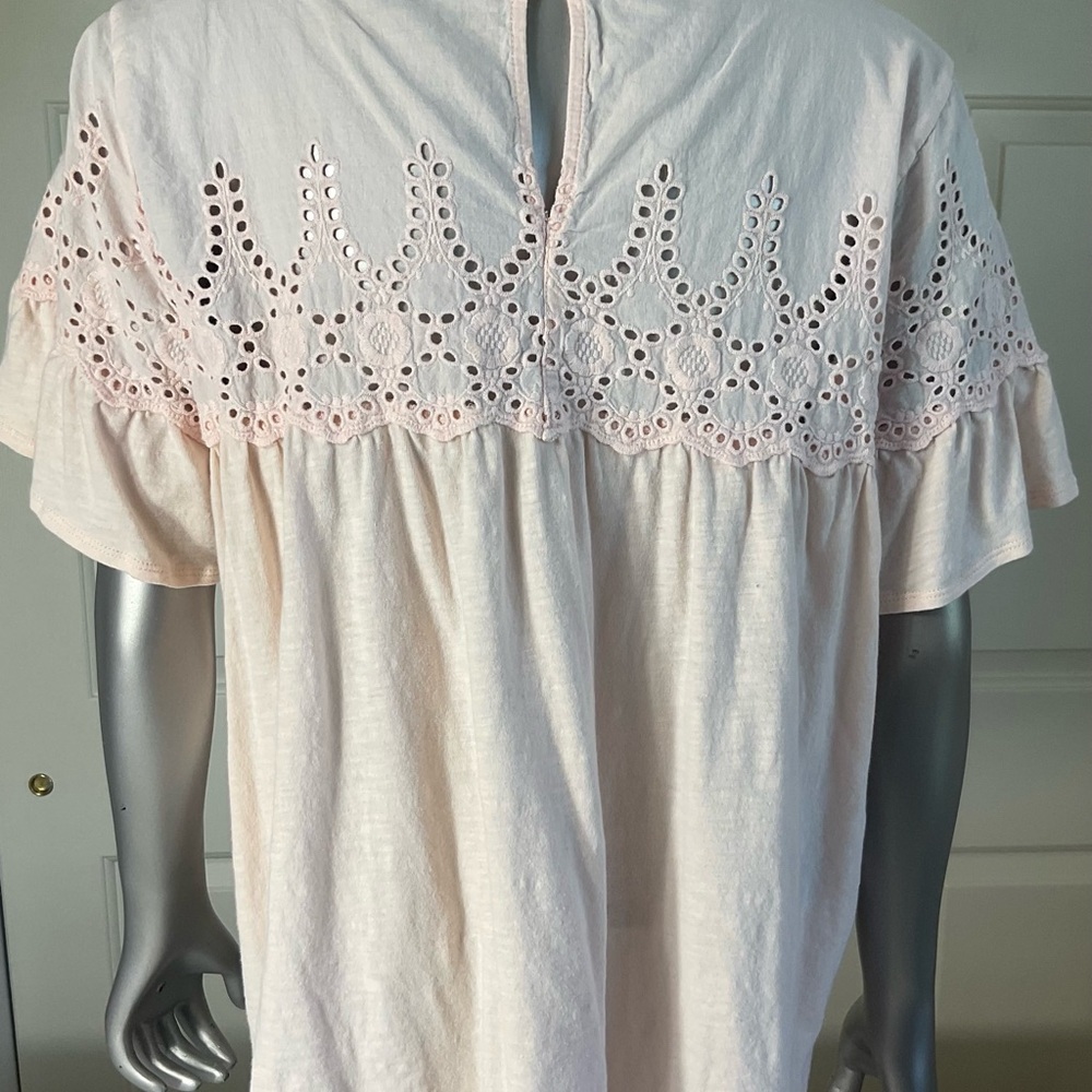 J Crew Womens Size Large Peach Pierced Lace Trim Flutter Sleeve Shirt Peasant - Picture 2 of 5